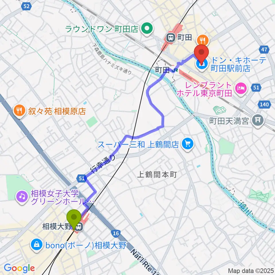 相模大野駅からスガナミミュージックサロン町田へのルートマップ地図