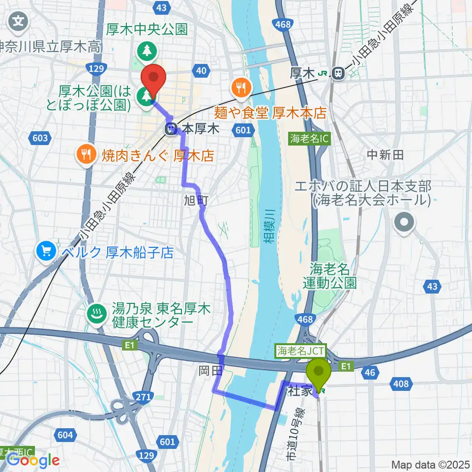 社家駅からスガナミ楽器サウンドパーク厚木へのルートマップ地図