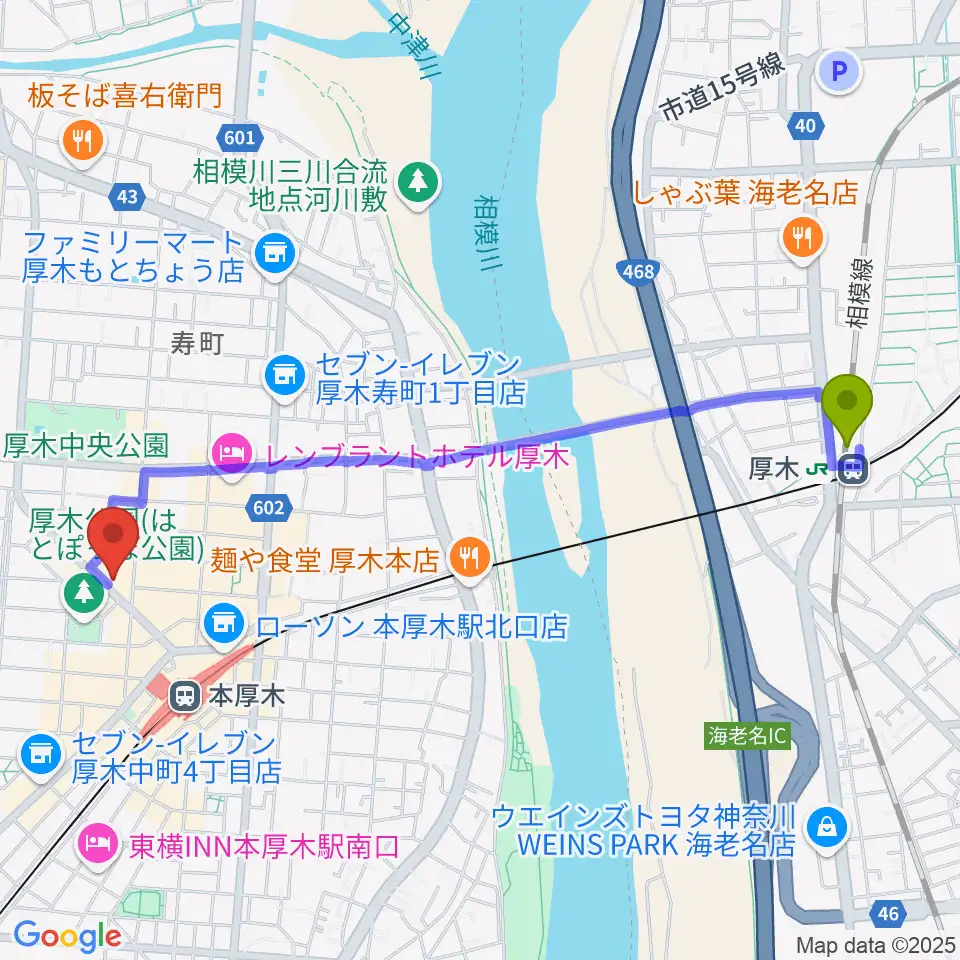 厚木駅からスガナミ楽器サウンドパーク厚木へのルートマップ地図