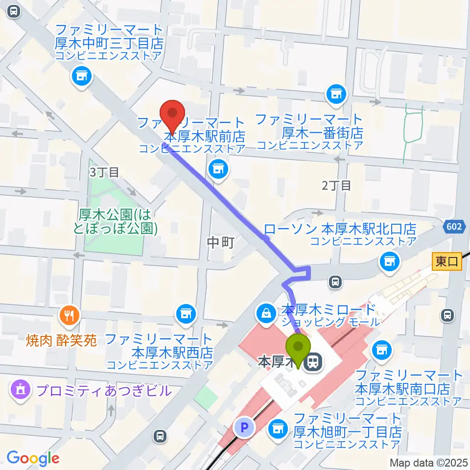 スガナミ楽器サウンドパーク厚木の最寄駅本厚木駅からの徒歩ルート（約4分）地図
