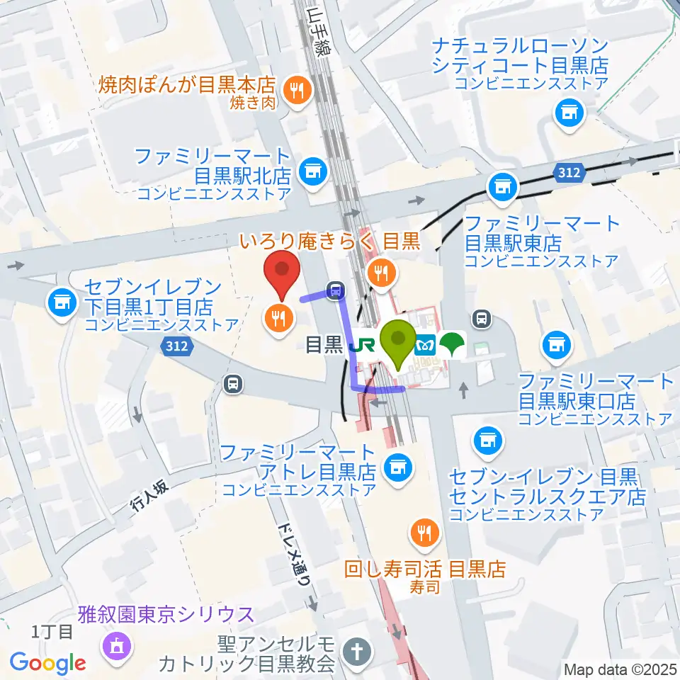 スガナミミュージックサロン目黒の最寄駅目黒駅からの徒歩ルート（約2分）地図