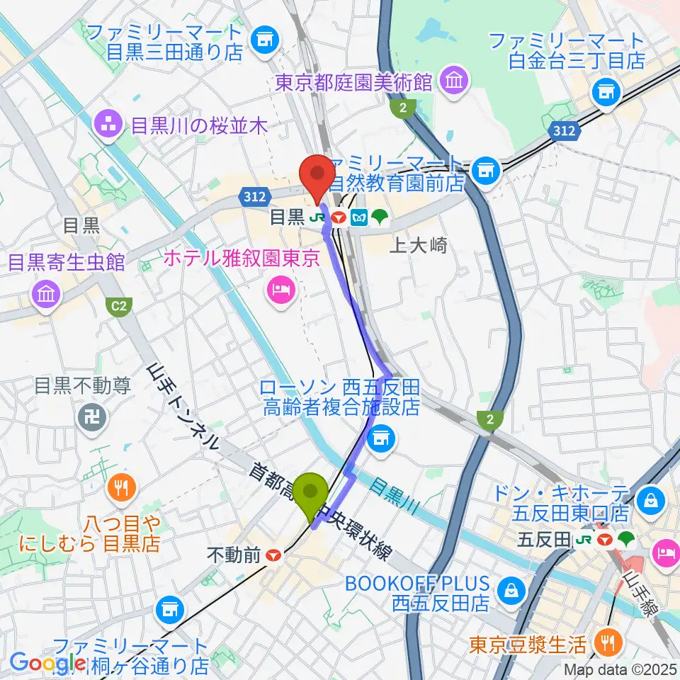 不動前駅からスガナミミュージックサロン目黒へのルートマップ地図