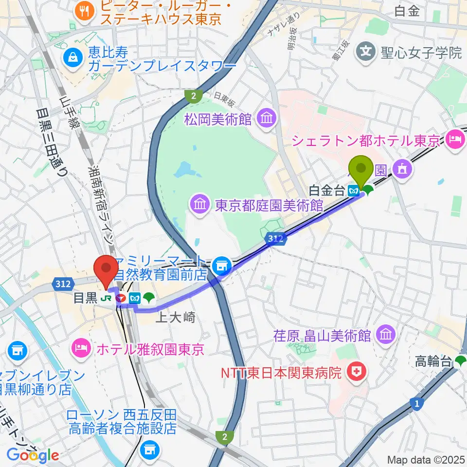 白金台駅からスガナミミュージックサロン目黒へのルートマップ地図