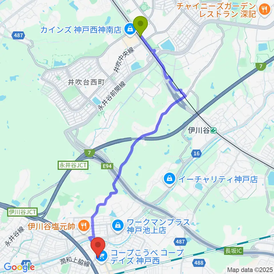西神南駅からスガナミ楽器 伊川谷ミュージックセンターへのルートマップ地図