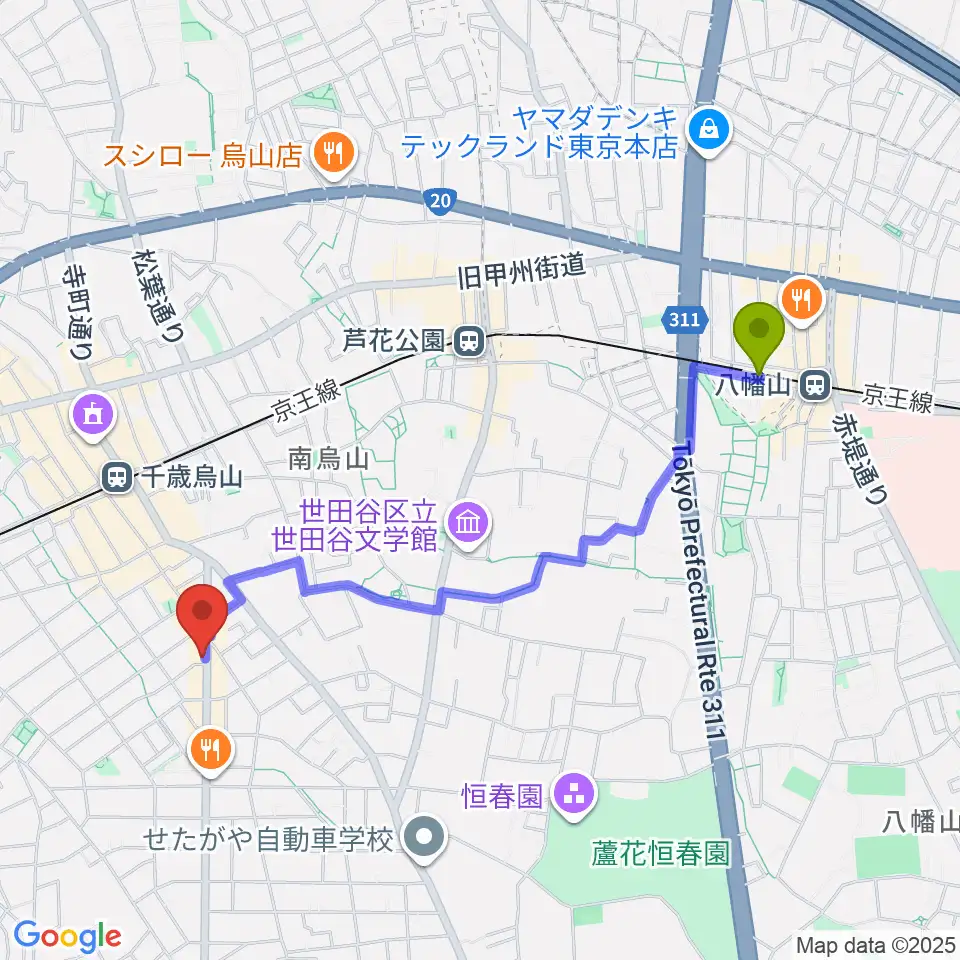 八幡山駅からスガナミ楽器 烏山南口センターへのルートマップ地図