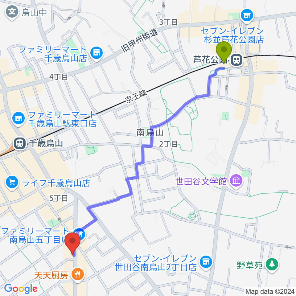 芦花公園駅からスガナミ楽器 烏山南口センターへのルートマップ地図