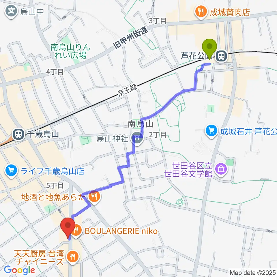 芦花公園駅からスガナミ楽器 烏山南口センターへのルートマップ地図