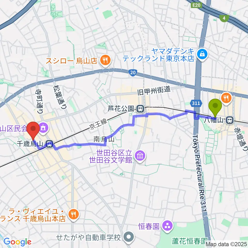 八幡山駅からスガナミ楽器 烏山北口センターへのルートマップ地図
