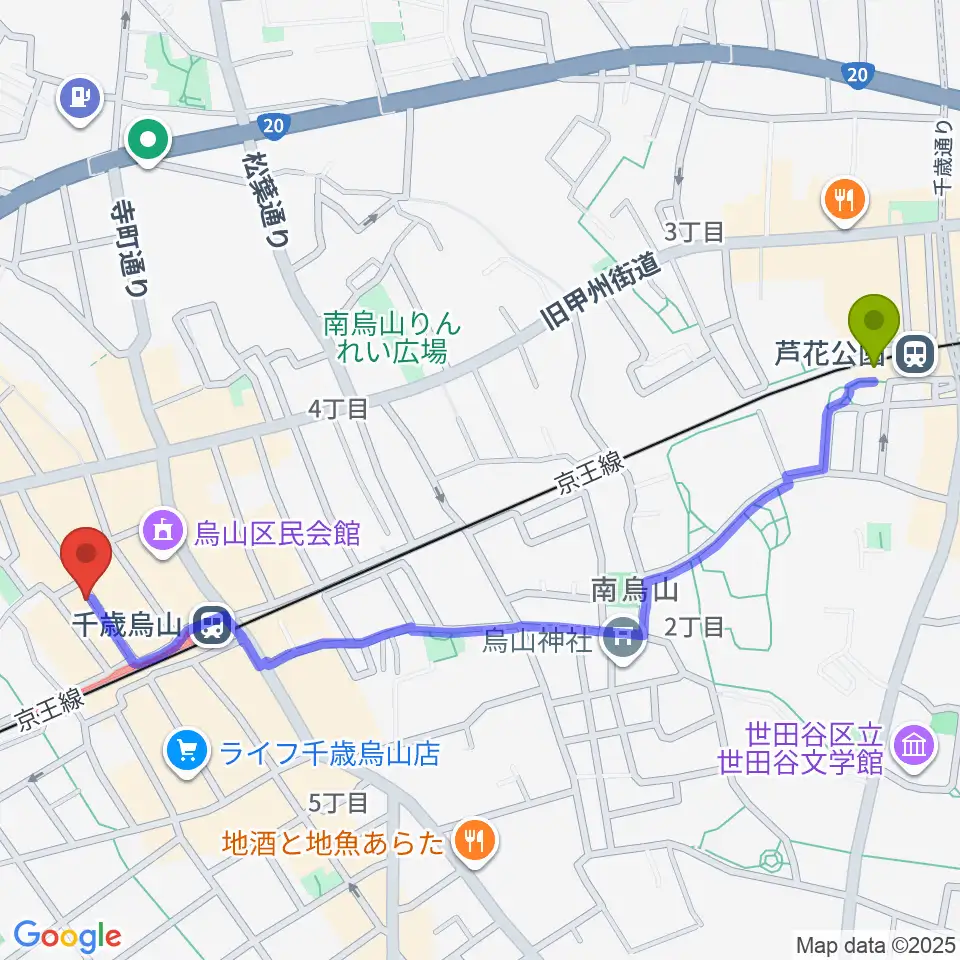 芦花公園駅からスガナミ楽器 烏山北口センターへのルートマップ地図