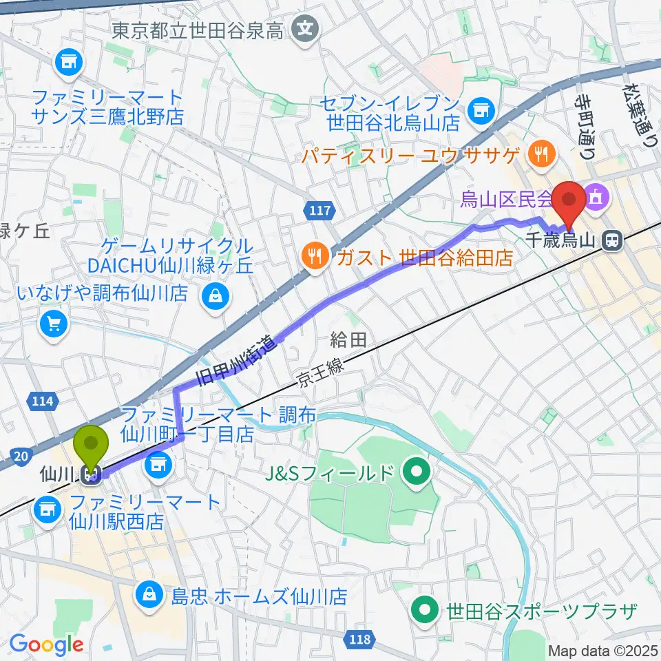 仙川駅からスガナミ楽器 烏山北口センターへのルートマップ地図