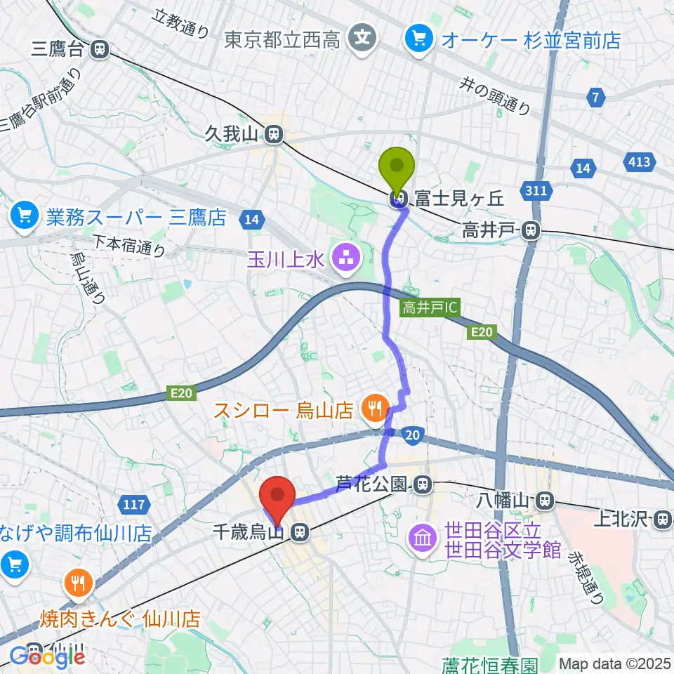 富士見ヶ丘駅からスガナミ楽器 烏山北口センターへのルートマップ地図