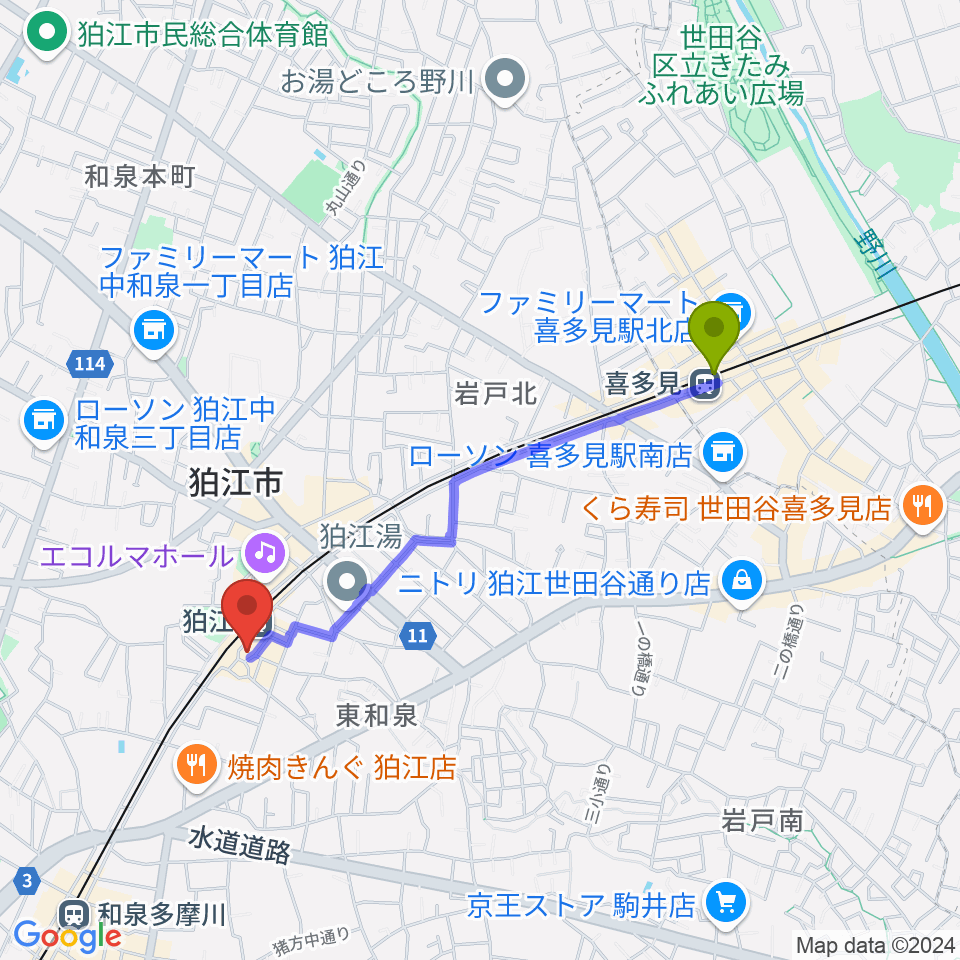 喜多見駅からスガナミ楽器 狛江センターへのルートマップ地図