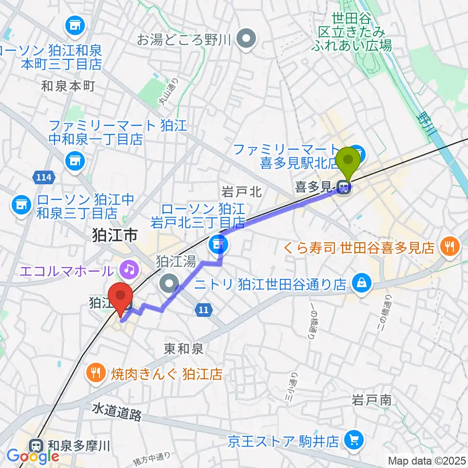 喜多見駅からスガナミ楽器 狛江センターへのルートマップ地図