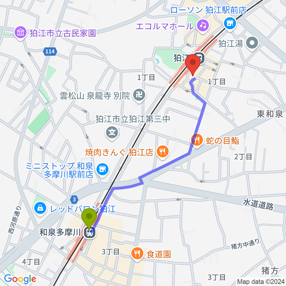 和泉多摩川駅からスガナミ楽器 狛江センターへのルートマップ地図