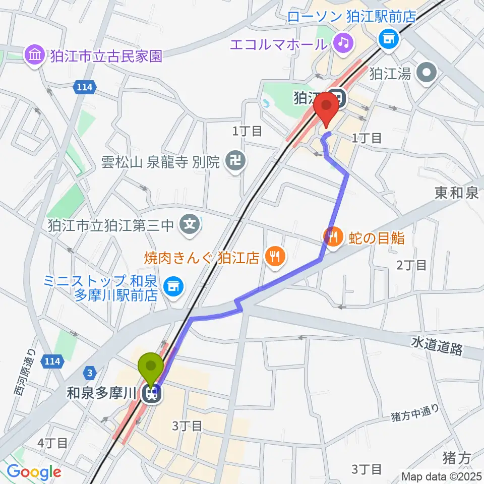 和泉多摩川駅からスガナミ楽器 狛江センターへのルートマップ地図