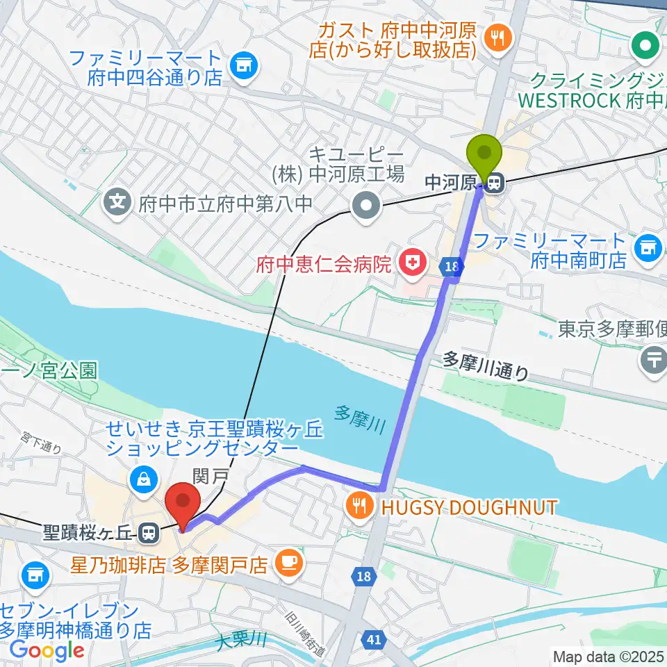 中河原駅からスガナミ楽器 桜ヶ丘センターへのルートマップ地図