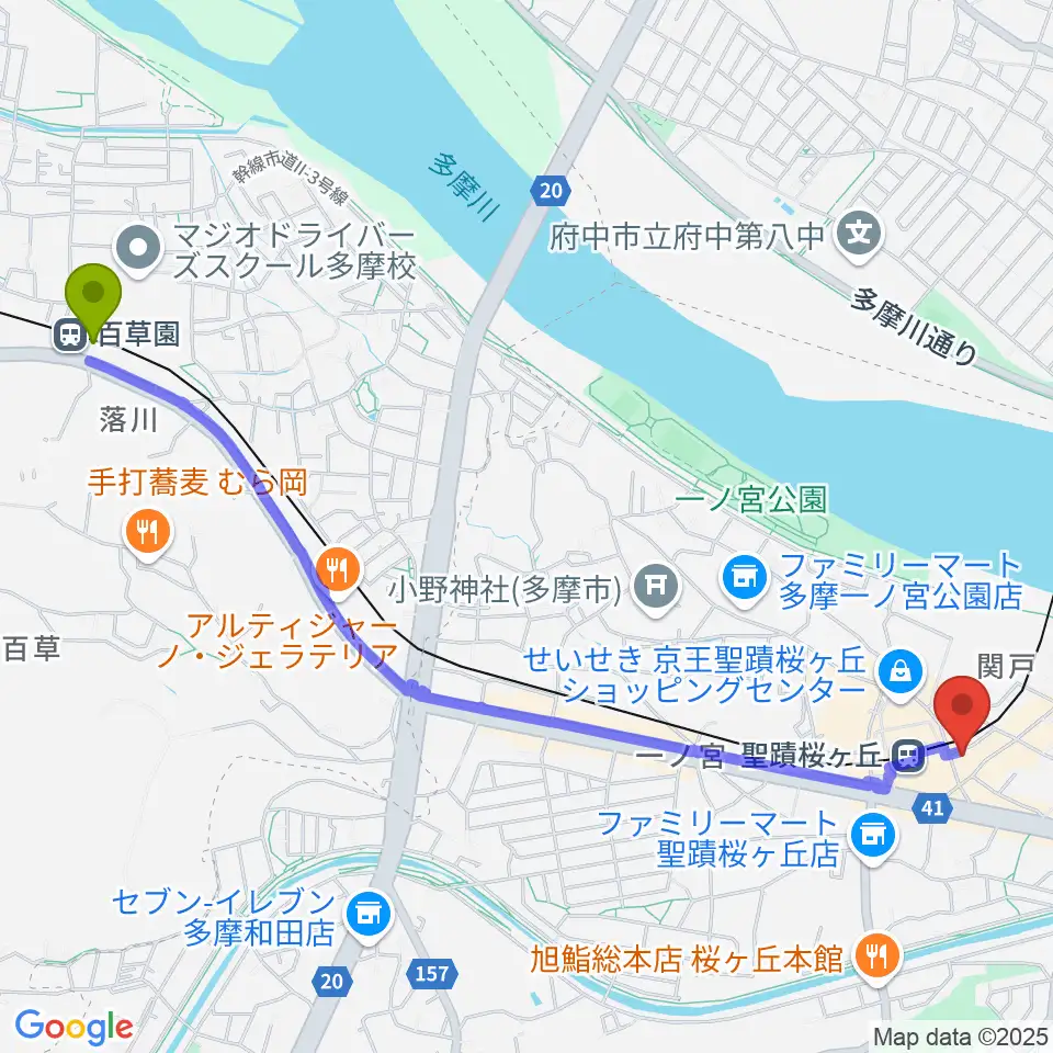 百草園駅からスガナミ楽器 桜ヶ丘センターへのルートマップ地図