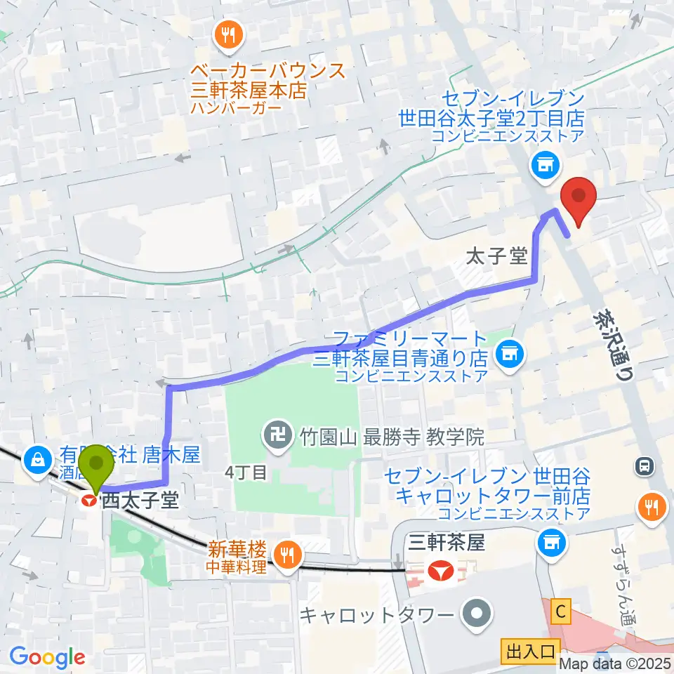 西太子堂駅からスガナミ三軒茶屋センターへのルートマップ地図