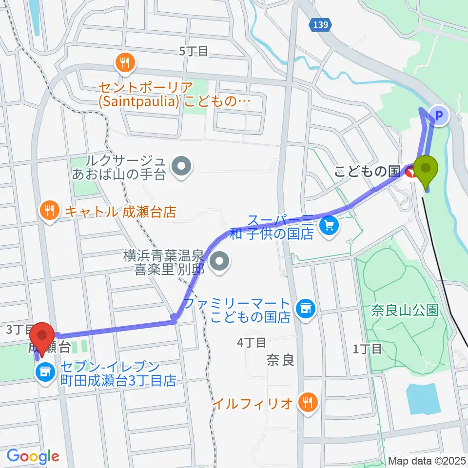 スガナミ楽器 成瀬台センターの最寄駅こどもの国駅からの徒歩ルート（約14分）地図