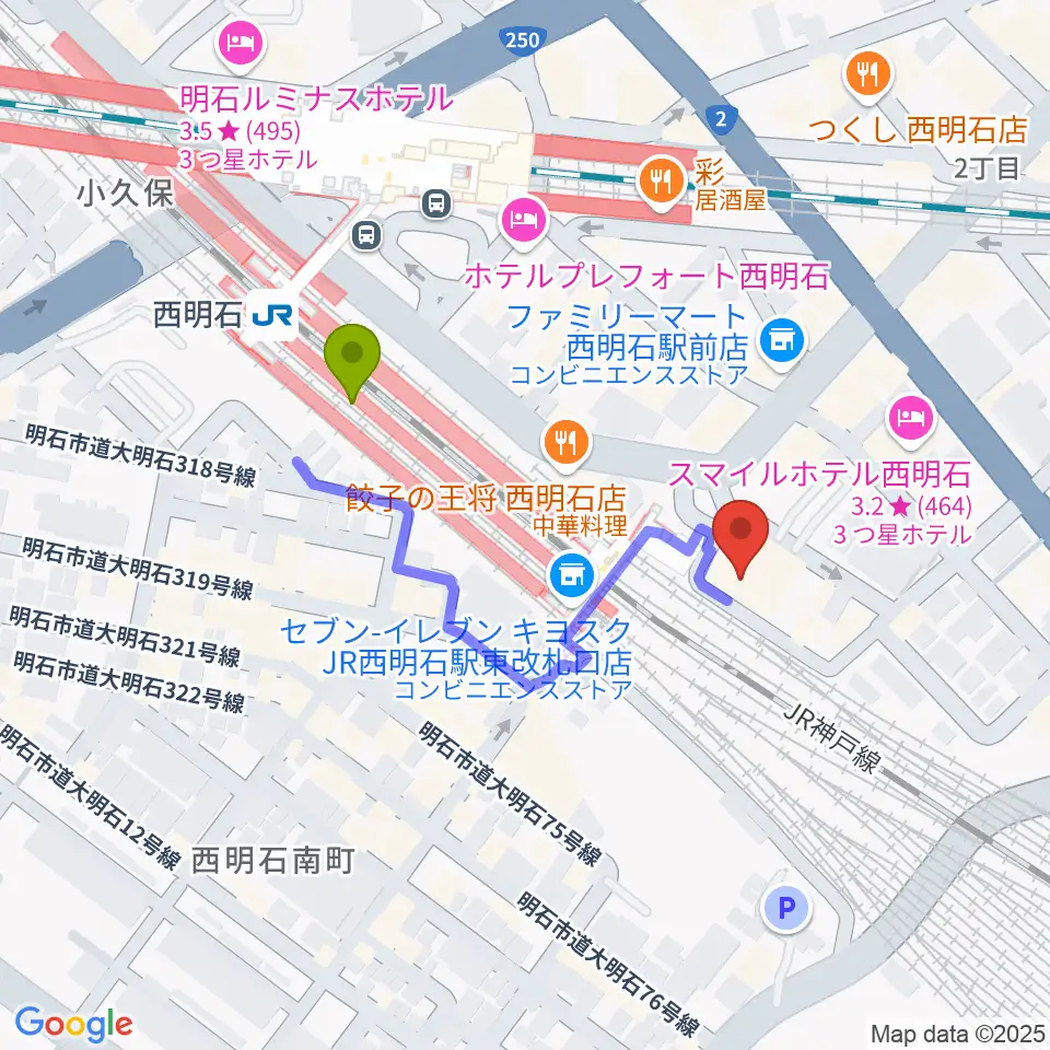 スガナミ楽器 西明石ミュージックセンターの最寄駅西明石駅からの徒歩ルート（約3分）地図