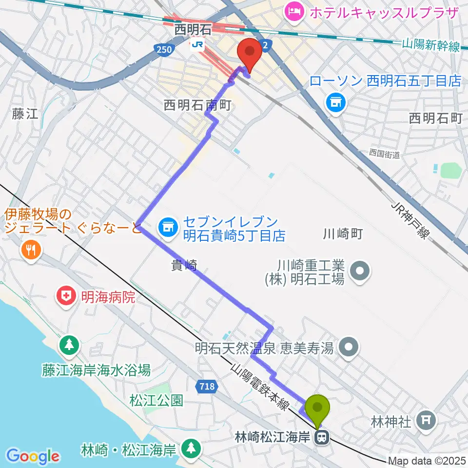 林崎松江海岸駅からスガナミ楽器 西明石ミュージックセンターへのルートマップ地図