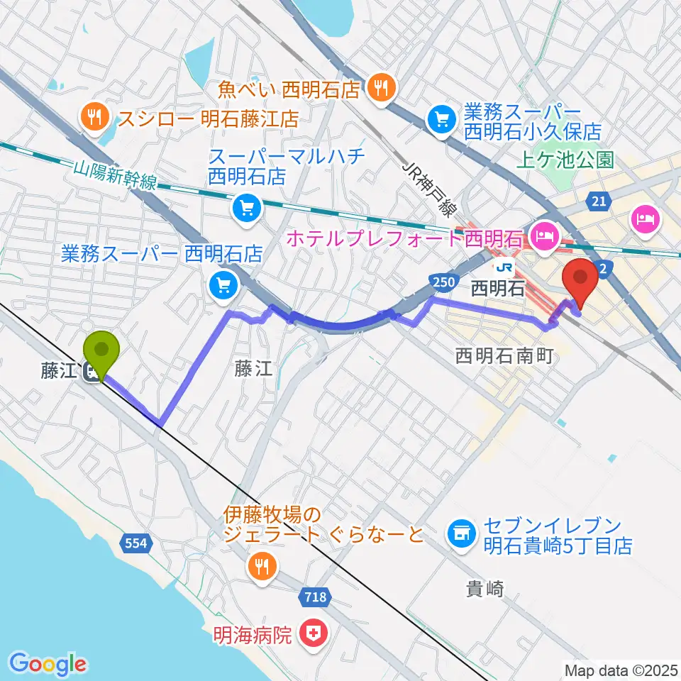 藤江駅からスガナミ楽器 西明石ミュージックセンターへのルートマップ地図