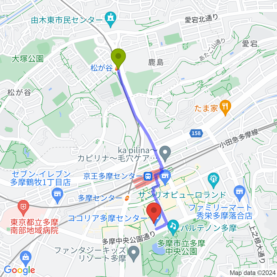 松が谷駅からスガナミミュージックサロン多摩へのルートマップ地図