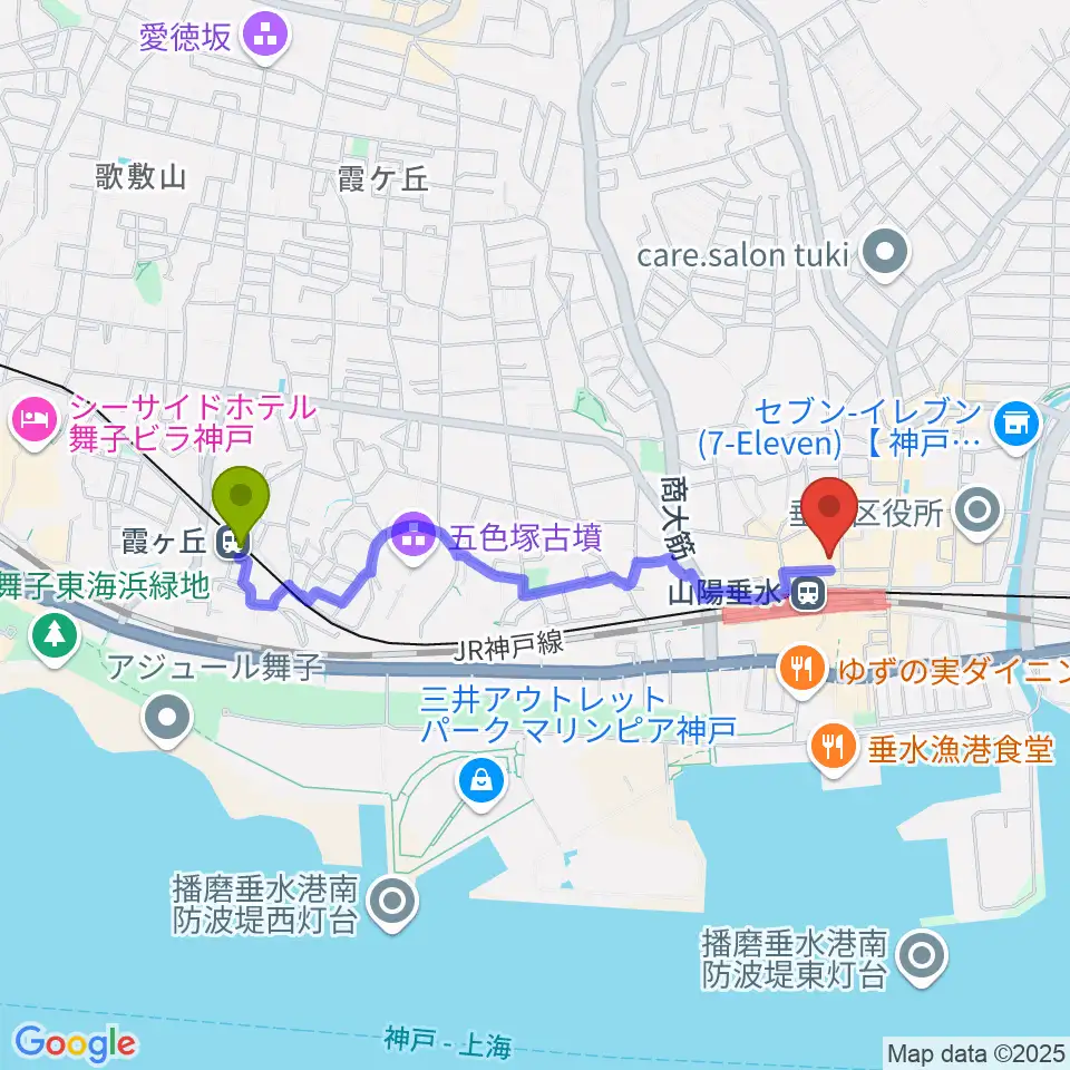 霞ヶ丘駅からスガナミ楽器 垂水ミュージックセンターへのルートマップ地図