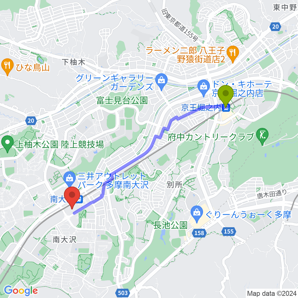 京王堀之内駅からスガナミ楽器 南大沢駅前センターへのルートマップ地図