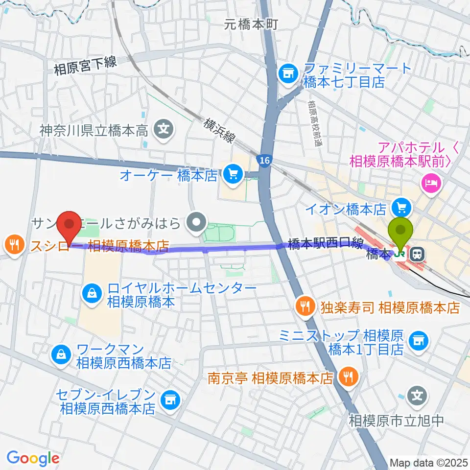 橋本駅からスガナミ楽器 西橋本センターへのルートマップ地図