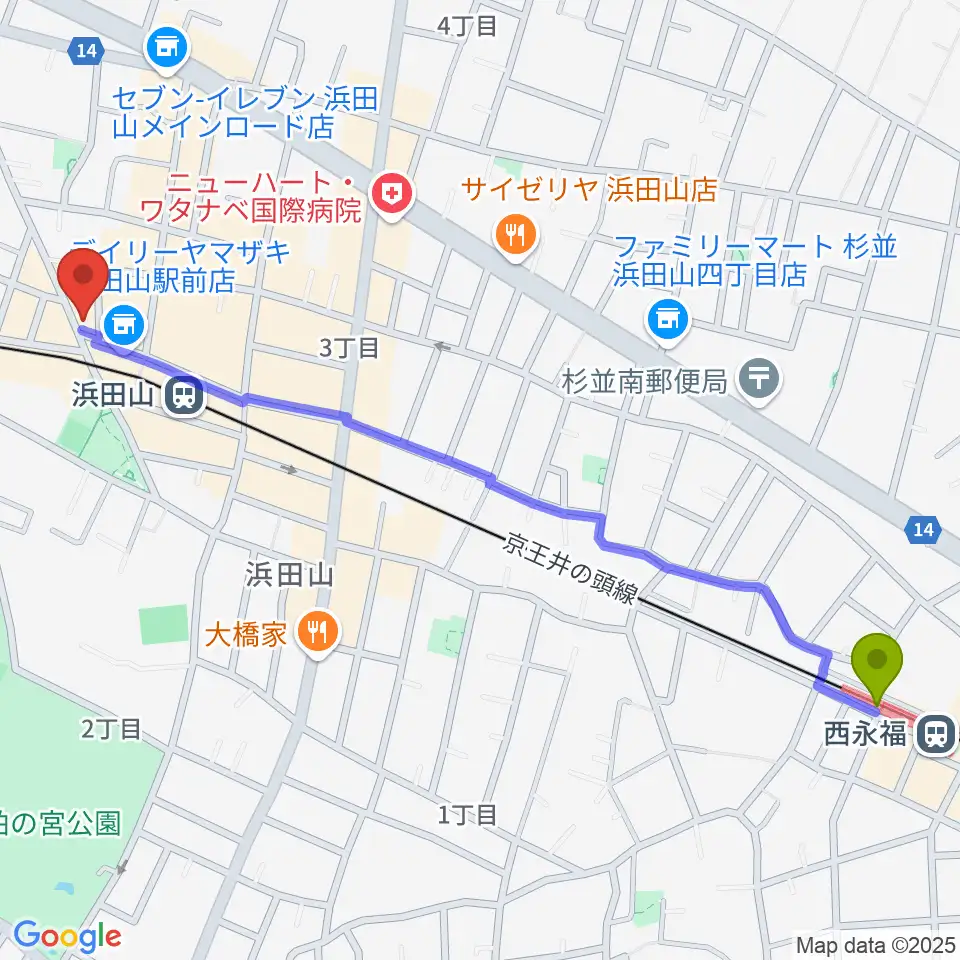 西永福駅からスガナミ楽器 浜田山センターへのルートマップ地図