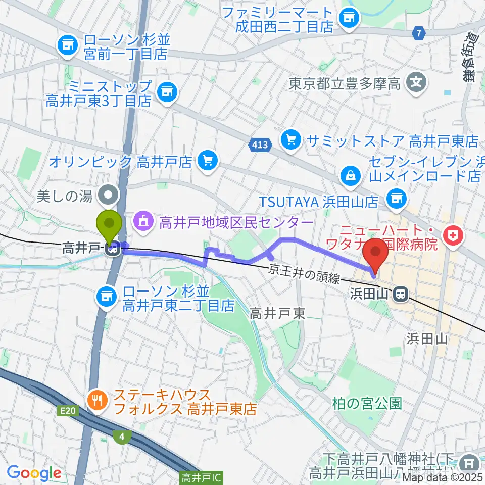 高井戸駅からスガナミ楽器 浜田山センターへのルートマップ地図