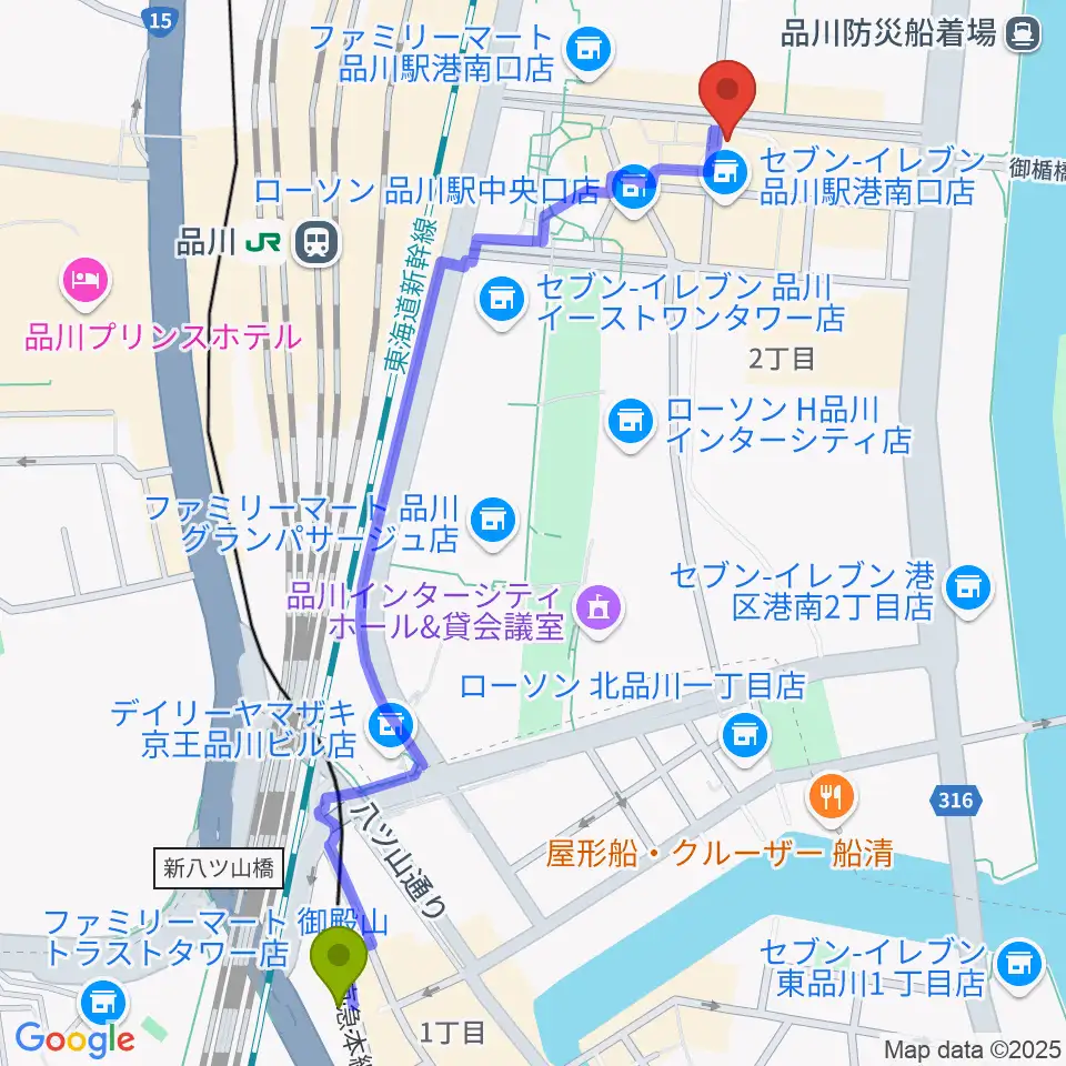 北品川駅からスガナミミュージックサロン品川へのルートマップ地図