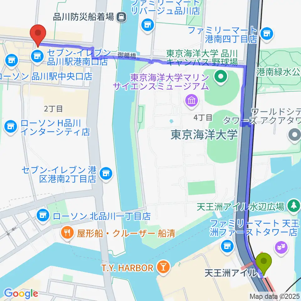 天王洲アイル駅からスガナミミュージックサロン品川へのルートマップ地図
