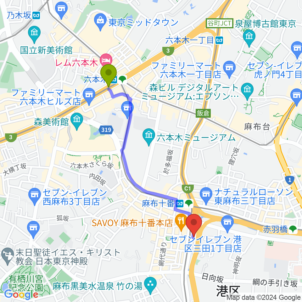 六本木駅からスガナミ楽器 麻布センターへのルートマップ地図