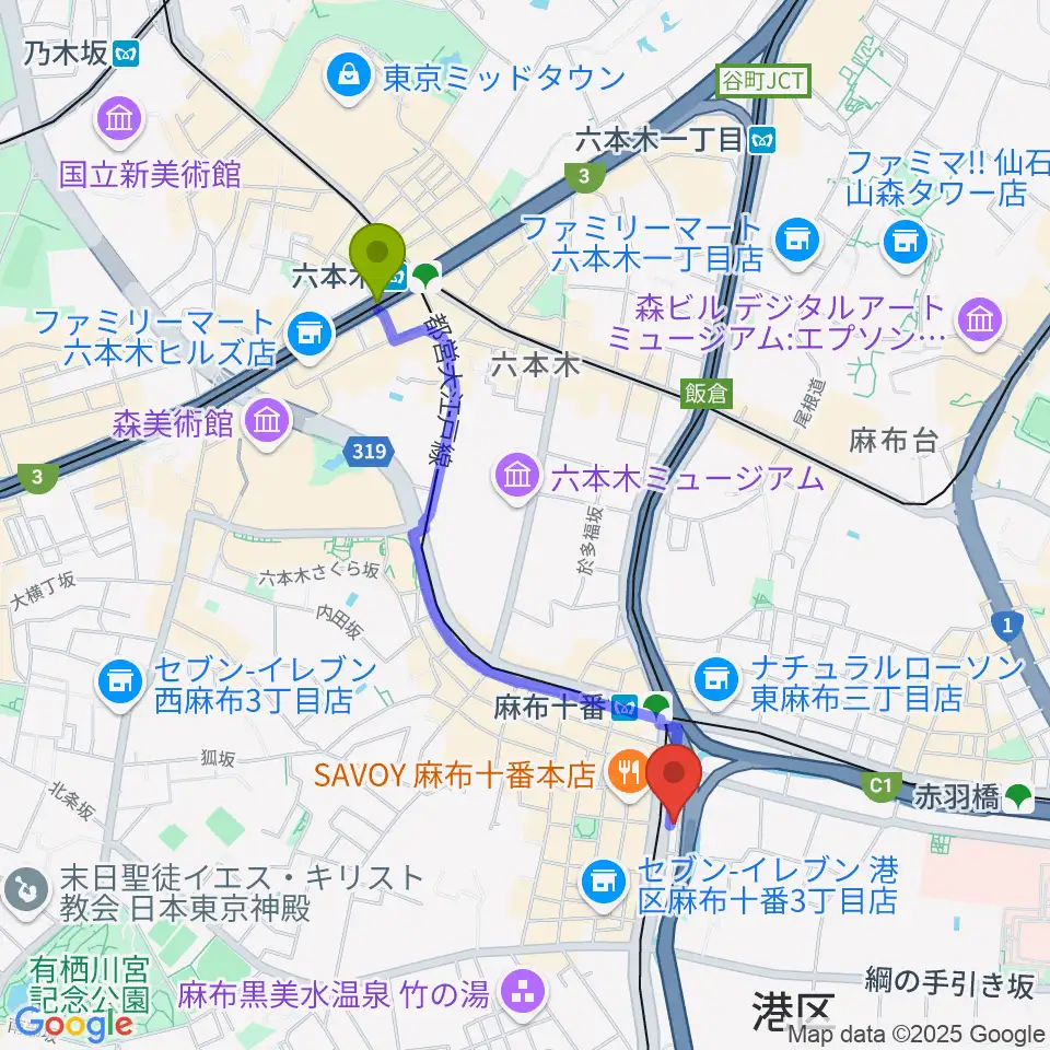 六本木駅からスガナミ楽器 麻布センターへのルートマップ地図