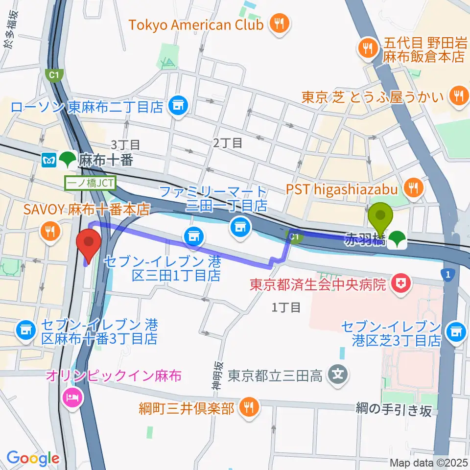 赤羽橋駅からスガナミ楽器 麻布センターへのルートマップ地図