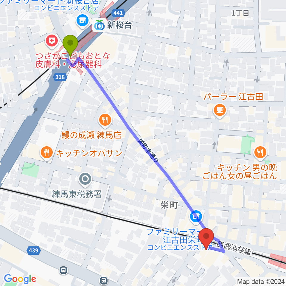 新桜台駅からエークラスミュージック 江古田センターへのルートマップ地図