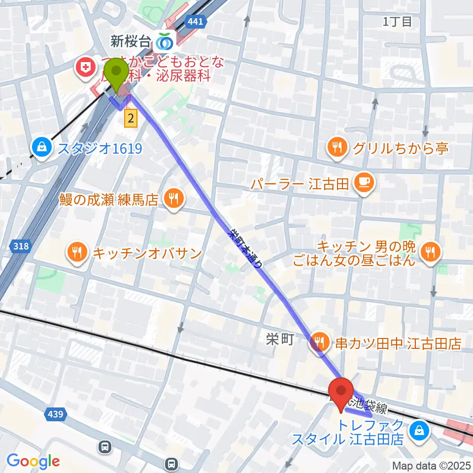 新桜台駅からエークラスミュージック 江古田センターへのルートマップ地図