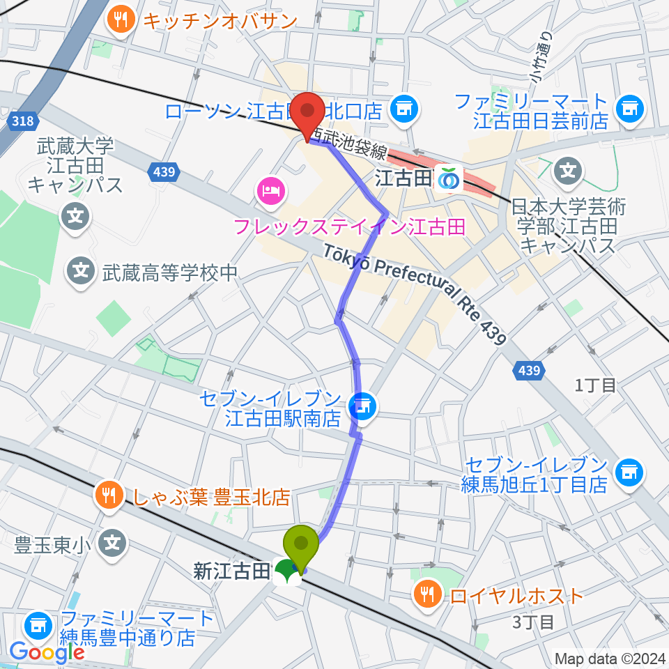 新江古田駅からエークラスミュージック 江古田センターへのルートマップ地図