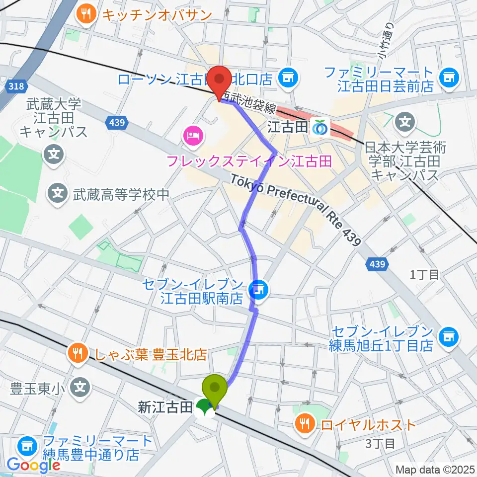 新江古田駅からエークラスミュージック 江古田センターへのルートマップ地図