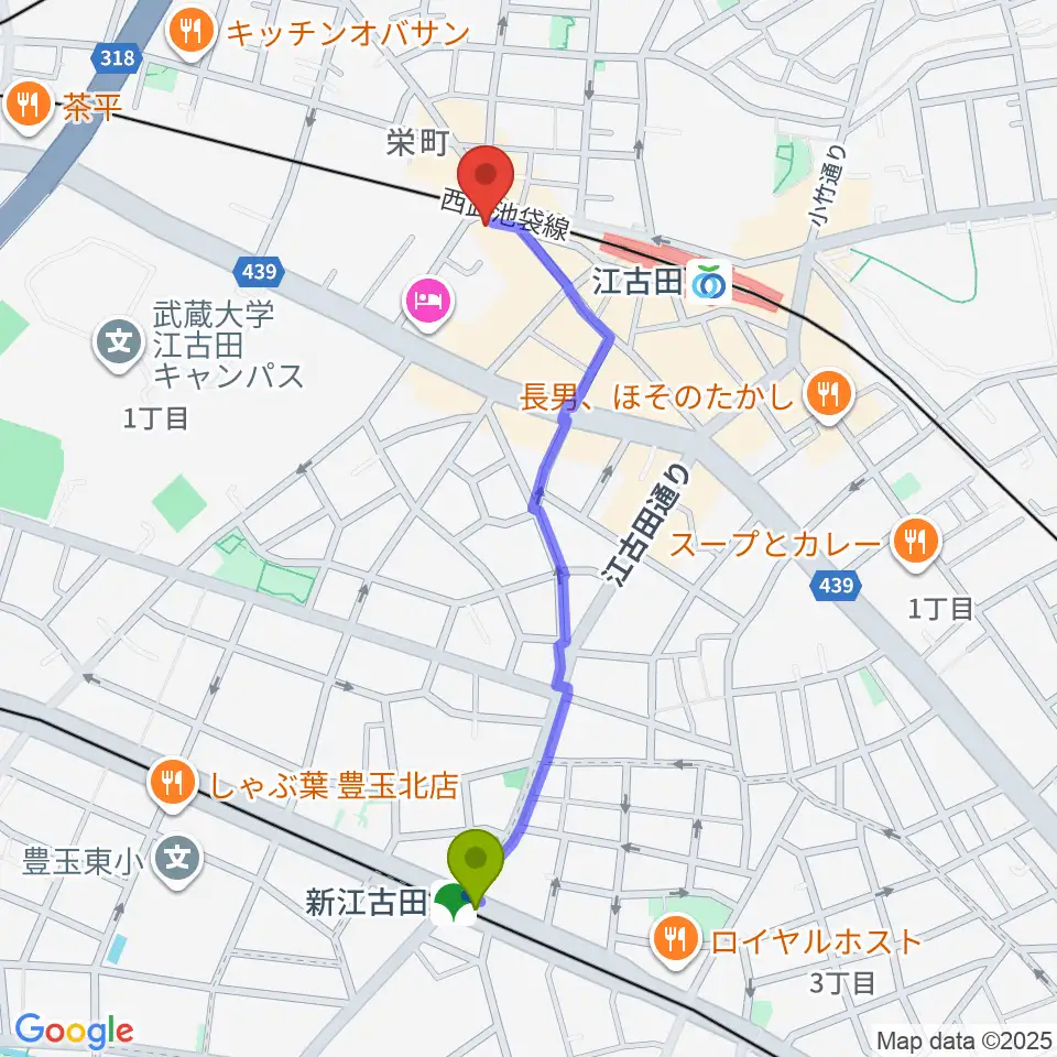 新江古田駅からエークラスミュージック 江古田センターへのルートマップ地図