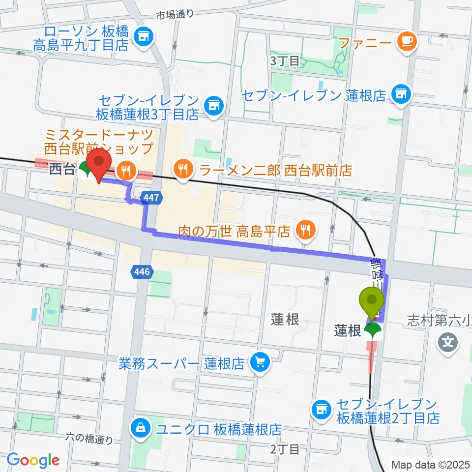 蓮根駅からエークラスミュージック 西台センターへのルートマップ地図