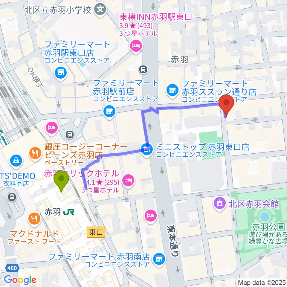 エークラスミュージック赤羽センターの最寄駅赤羽駅からの徒歩ルート（約5分）地図