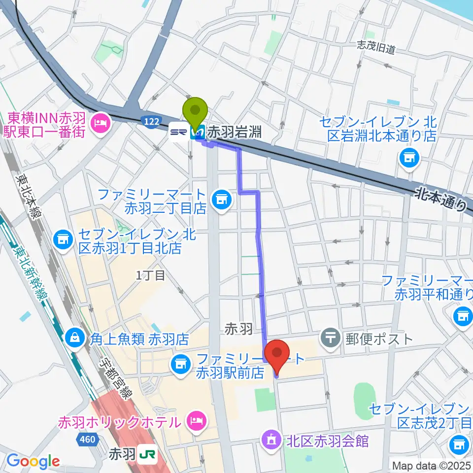 赤羽岩淵駅からエークラスミュージック赤羽センターへのルートマップ地図