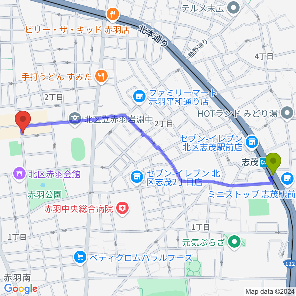 志茂駅からエークラスミュージック赤羽センターへのルートマップ地図