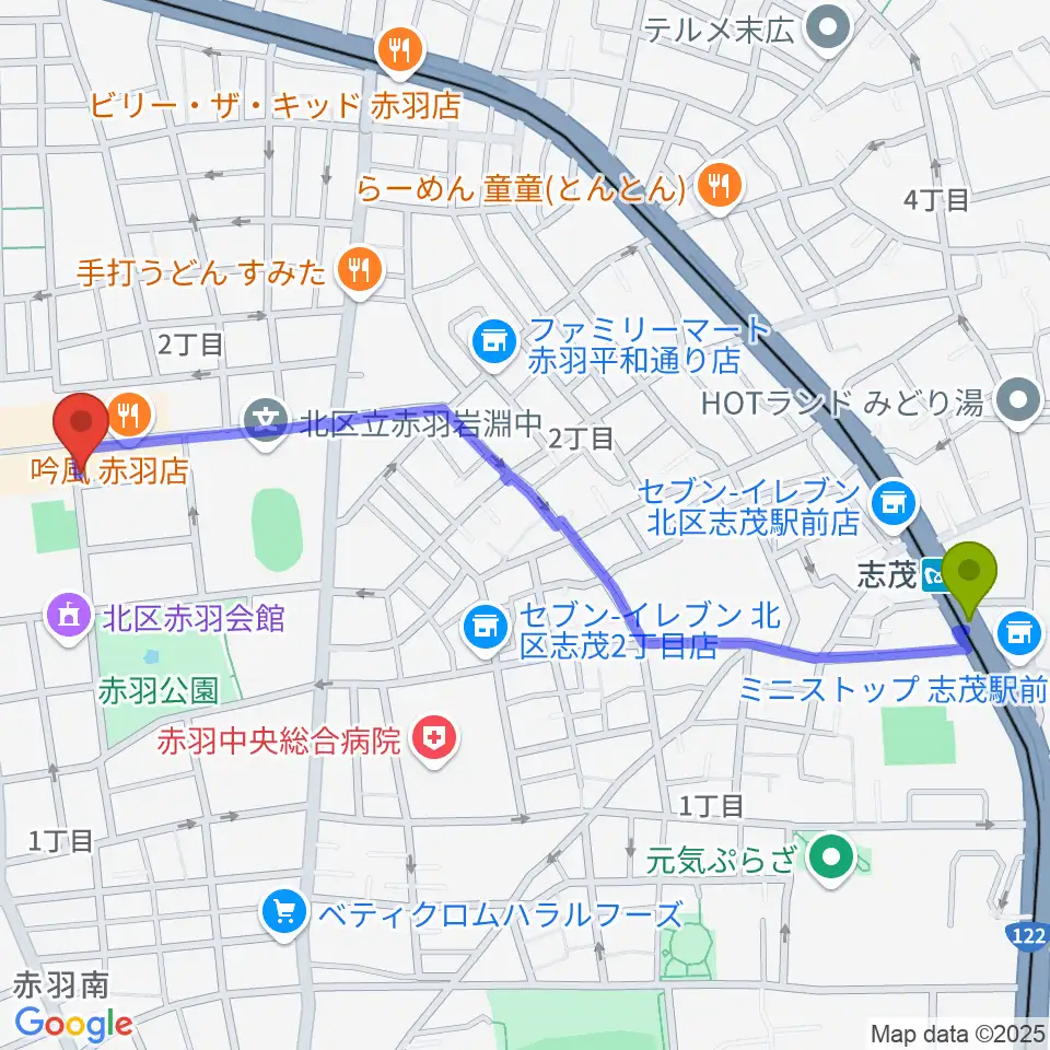 志茂駅からエークラスミュージック赤羽センターへのルートマップ地図