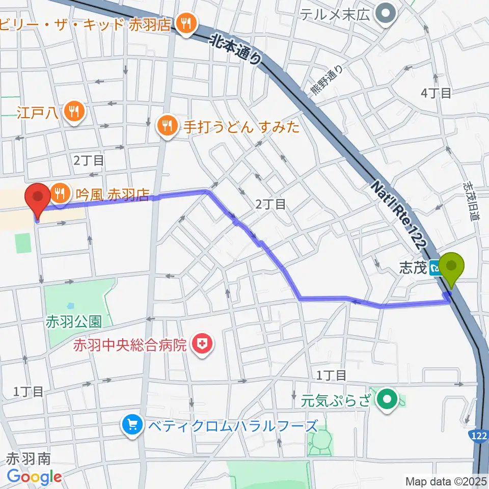 志茂駅からエークラスミュージック赤羽センターへのルートマップ地図