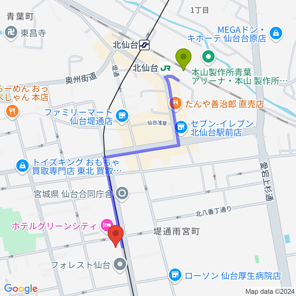 北仙台駅からラフォーレギター教室へのルートマップ地図