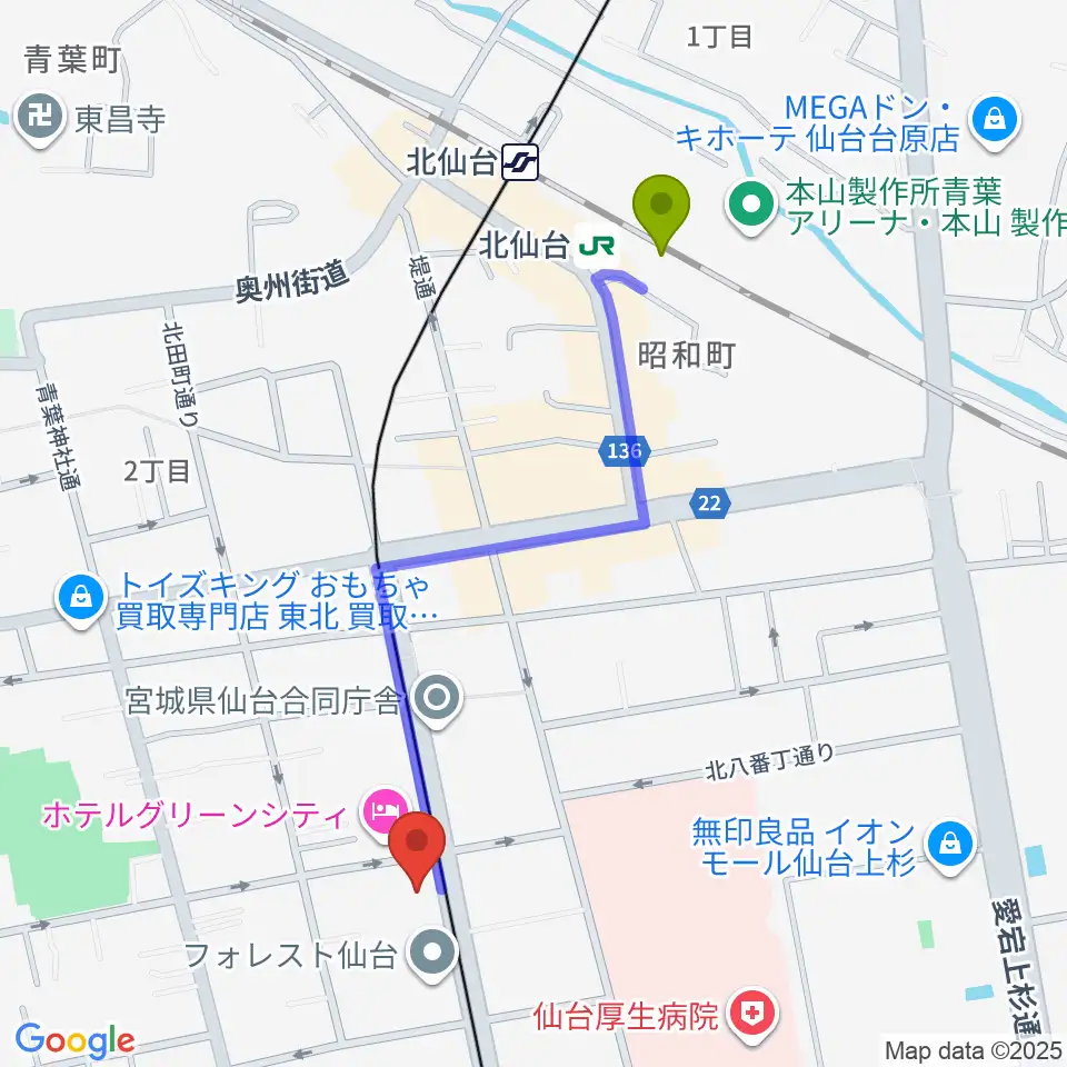 北仙台駅からラフォーレギター教室へのルートマップ地図